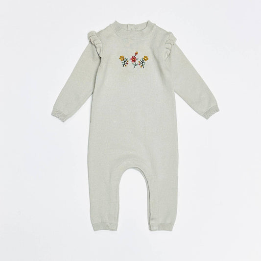 Floral Embroidered Ruffle Baby Sweater Jumpsuit (Organic)