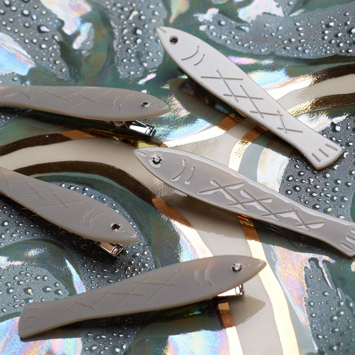 Sardine Fish Hair Clip Set in Silver Acetate with Rhinestone -  by Carlyle Avenue