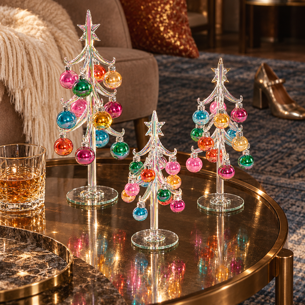 Glass Tree with Ornaments, Set of 3