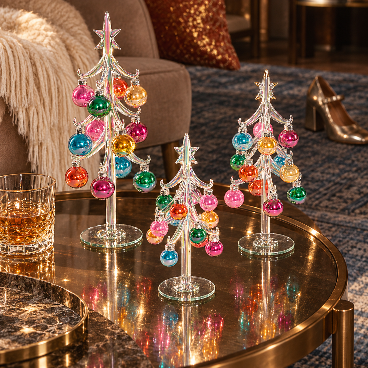 Glass Tree with Ornaments, Set of 3