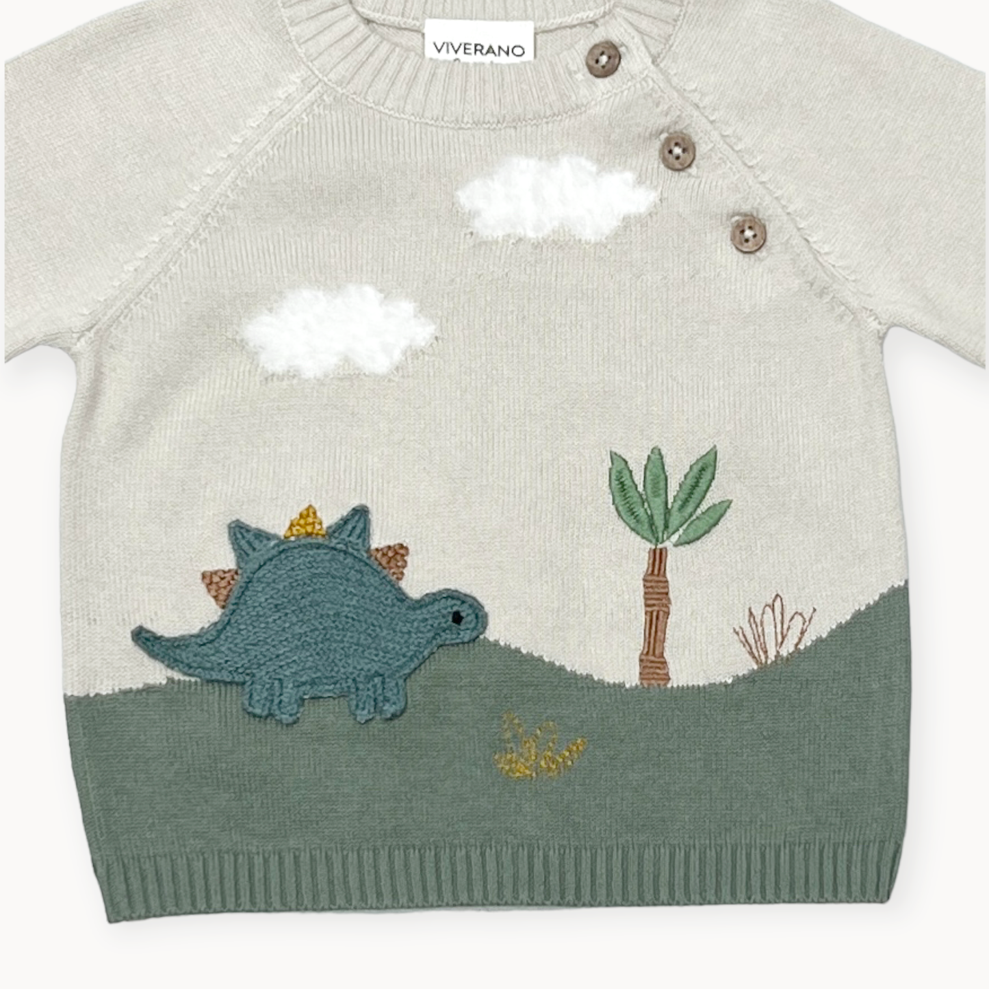 Dino Applique Button Baby Pullover Sweater (Organic): Stone / 12-18