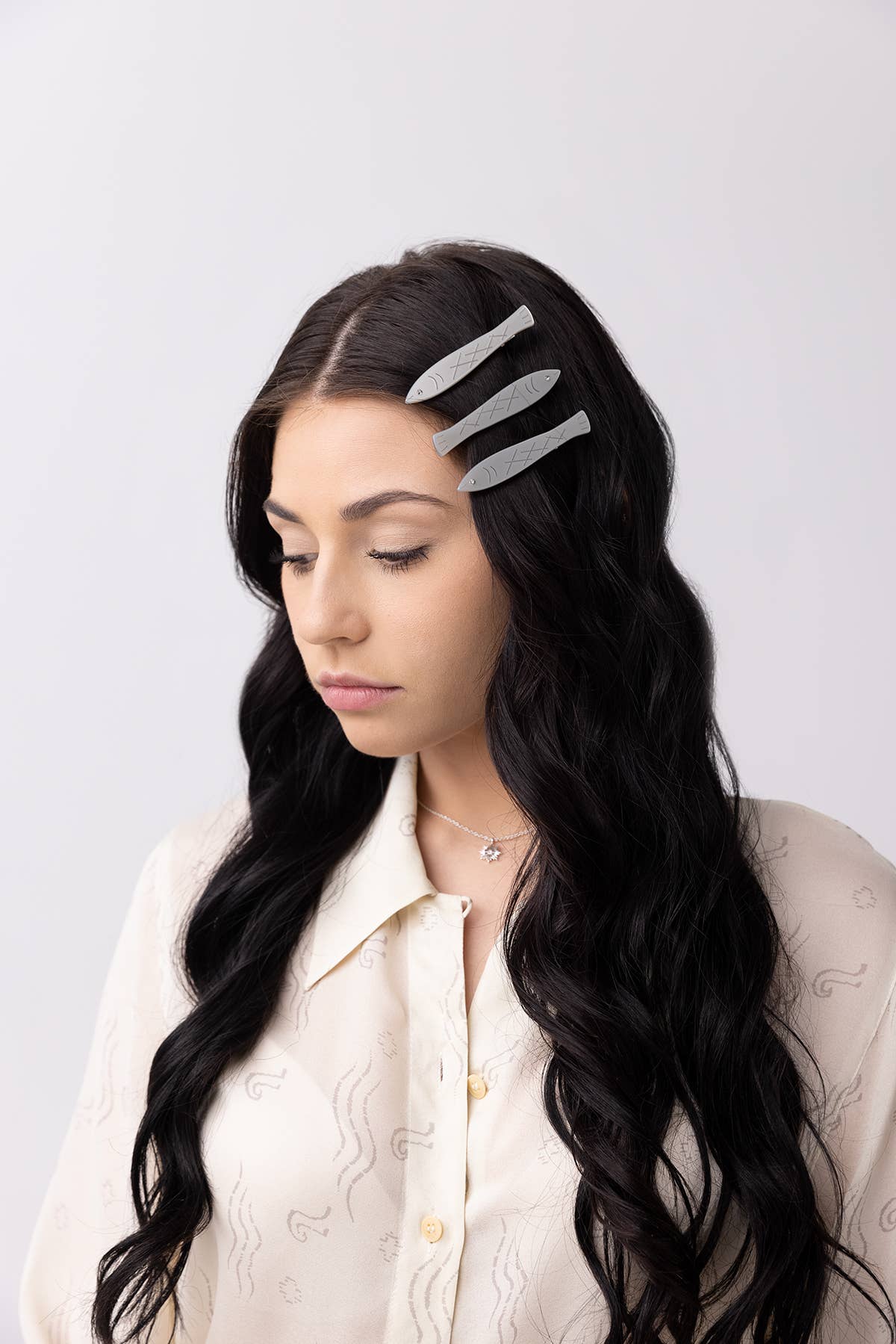 Sardine Fish Hair Clip Set in Silver Acetate with Rhinestone -  by Carlyle Avenue