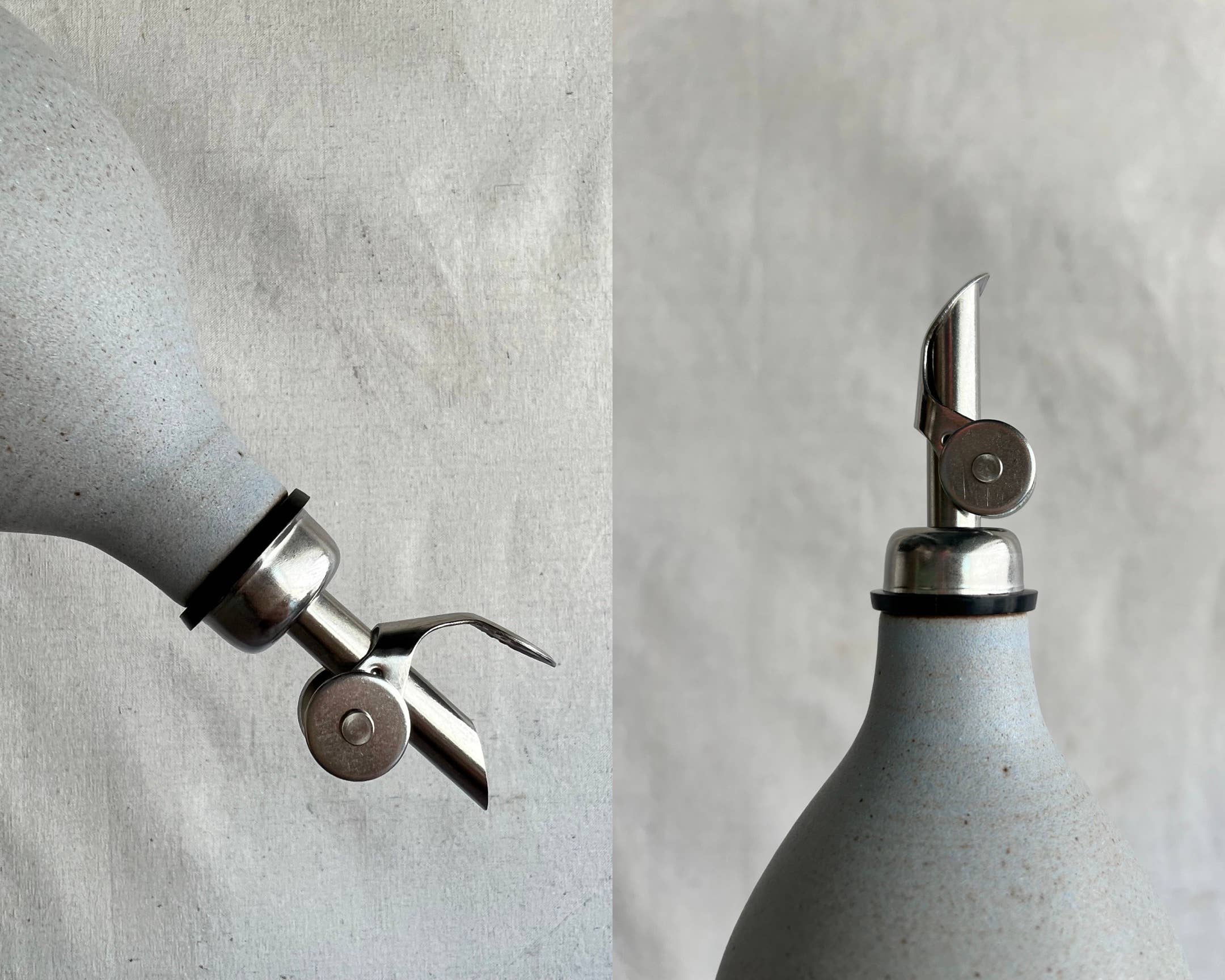 Tall Handmade Ceramic Oil Bottle with polished pourer and matte glaze finish.
