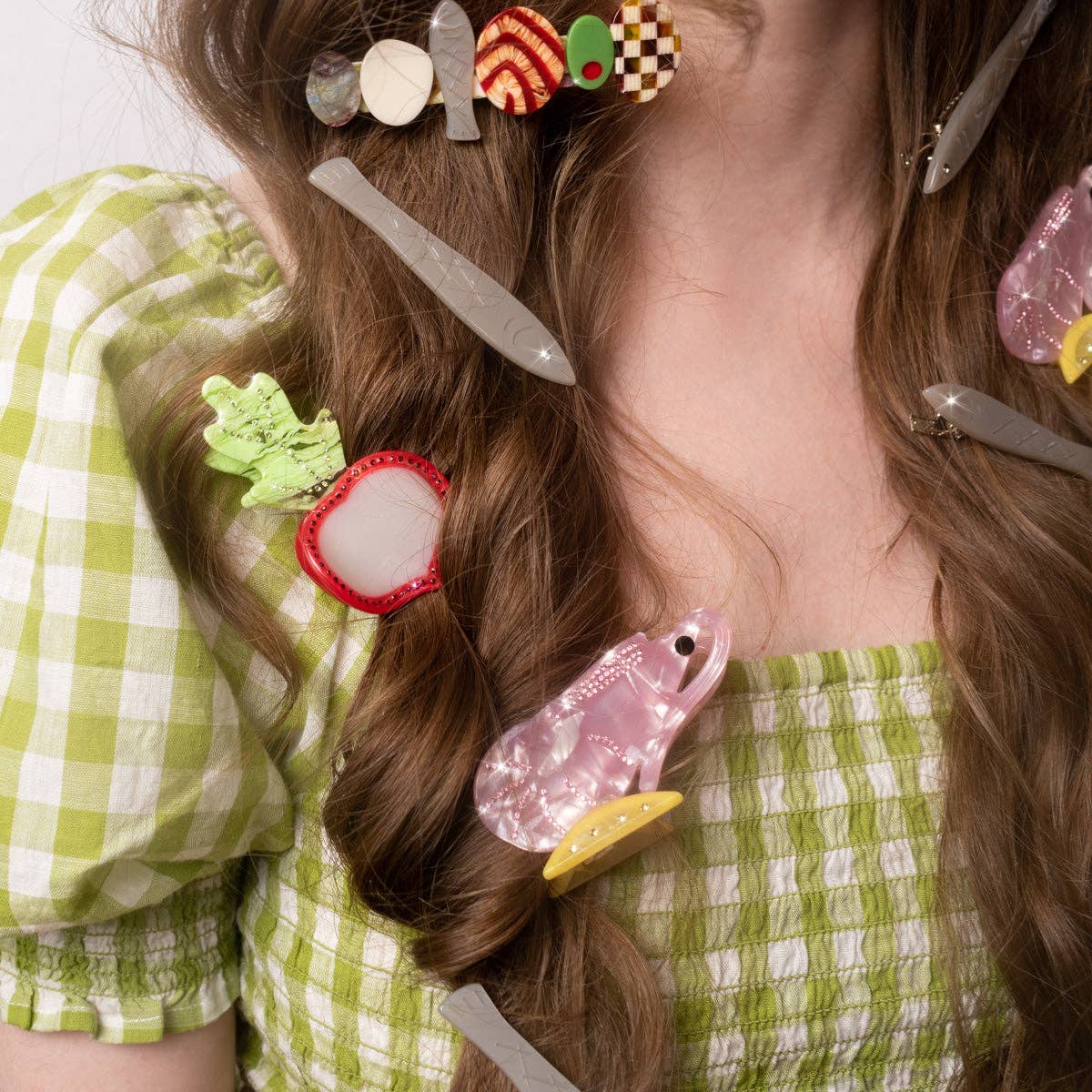 Sardine Fish Hair Clip Set in Silver Acetate with Rhinestone -  by Carlyle Avenue