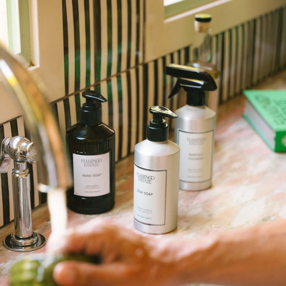 Heirloom Tomato Glass Hand Soap and other cleaning products displayed by a sink.