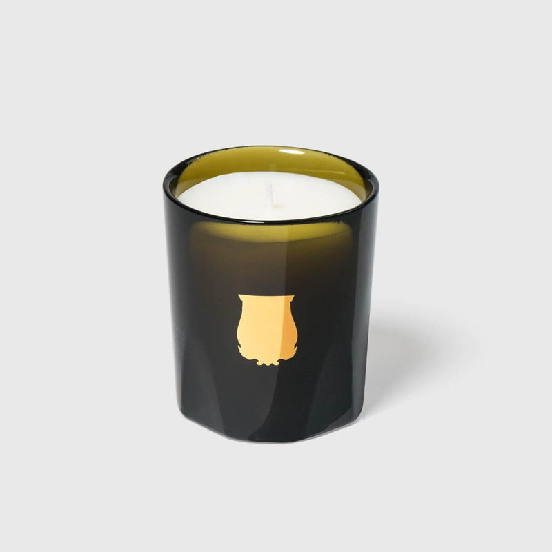 Odalisque Petite Candle in a sleek black glass holder with gold accent, showcasing its elegant design and fragrance.