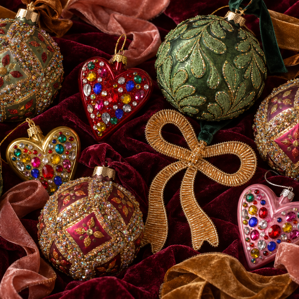 A collection of ornate Christmas ornaments arranged on rich velvet fabric with ribbon. The set includes several round and heart-shaped ornaments decorated with gold, green, pink, and red patterns, embellished with sparkling rhinestones and jewels, and accented with a gold ribbon bow.