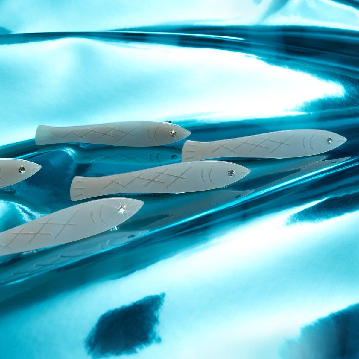 Sardine Fish Hair Clip Set in Silver Acetate with Rhinestone -  by Carlyle Avenue