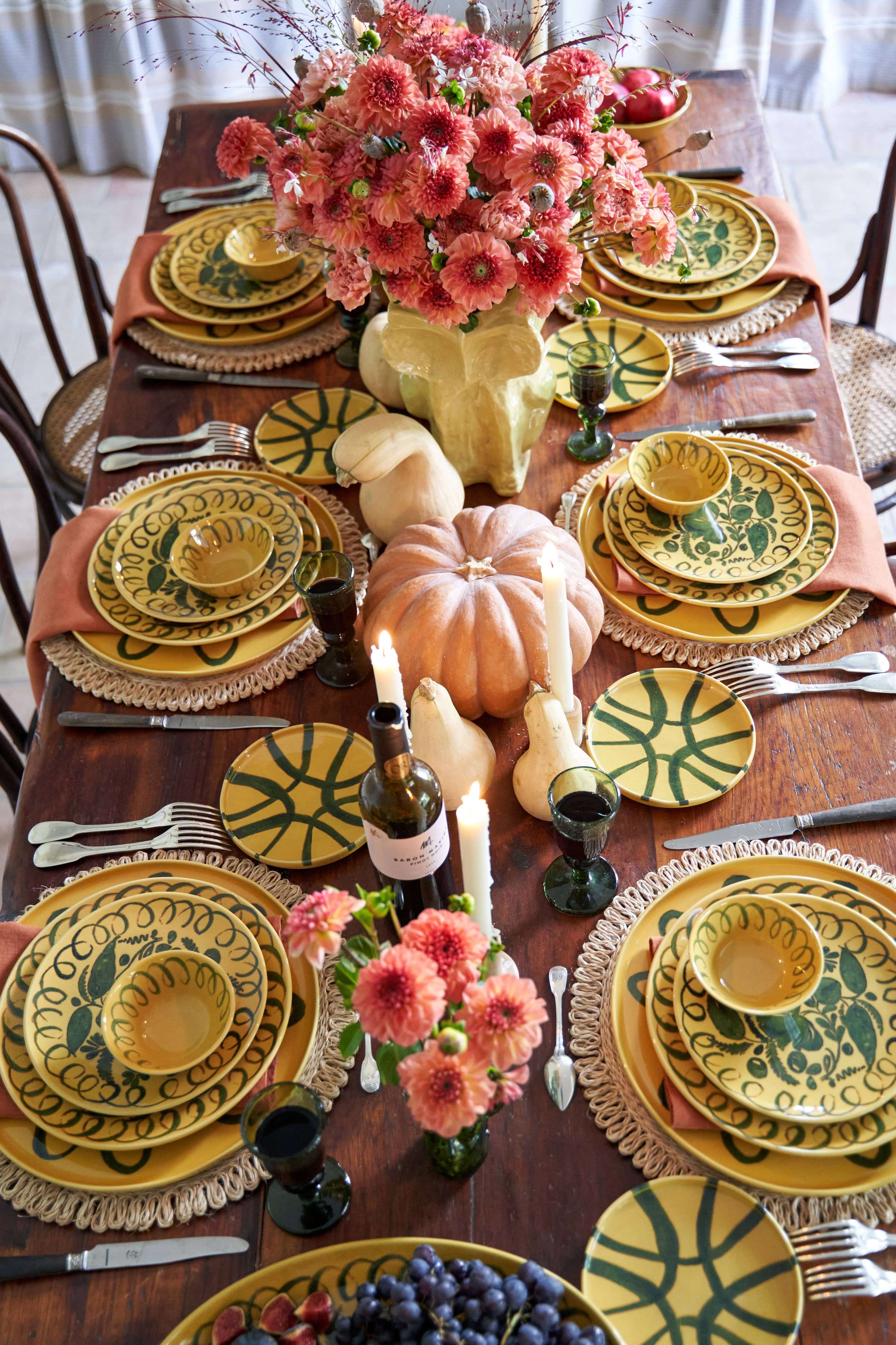 Amalfi Dinner Plate Mustard - 10.6" Diameter arranged on a beautifully set dining table with fall decor.