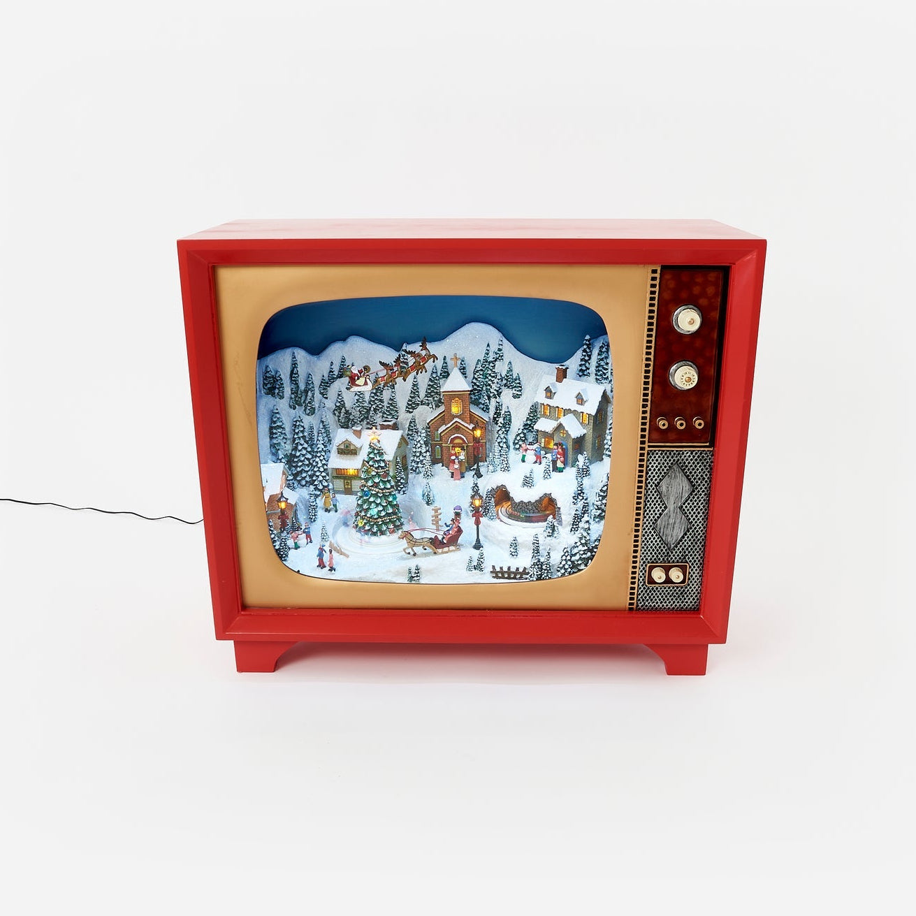 vintage-style television with a snowy landscape scene on a white background