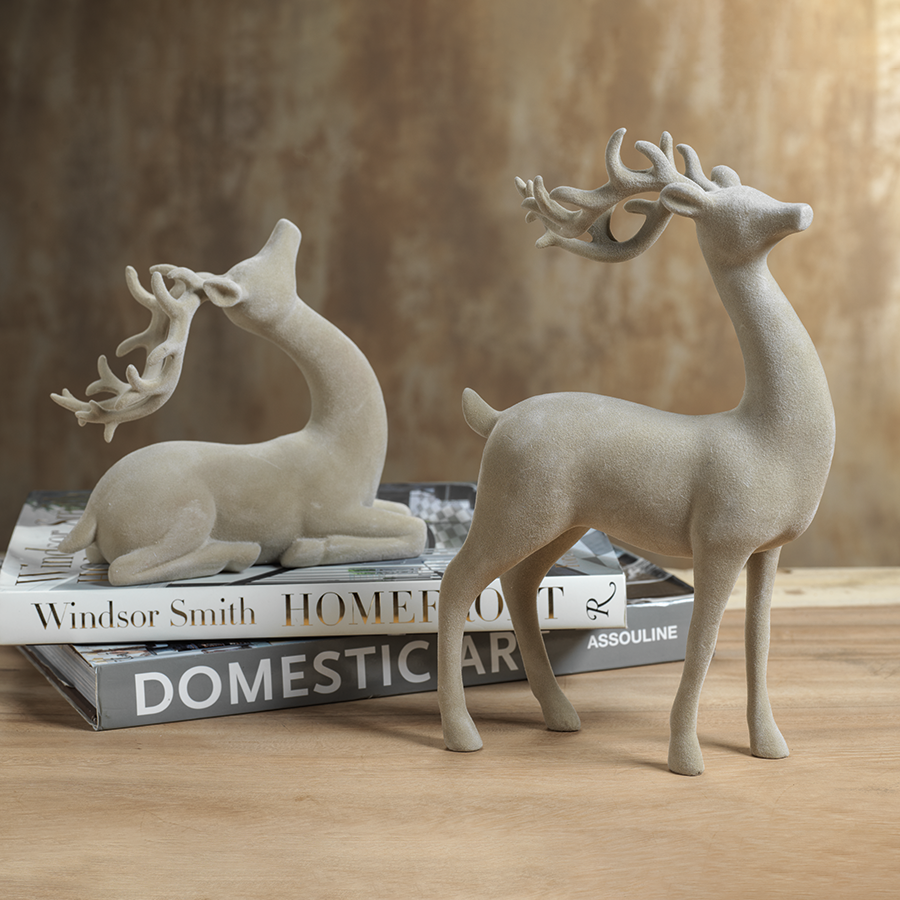 Flocked Sitting Deer - Natural