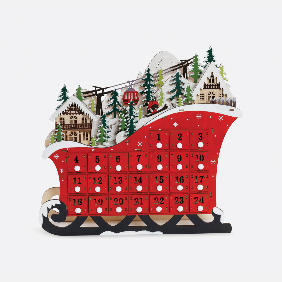 Ski Scene Wood Lighted Advent