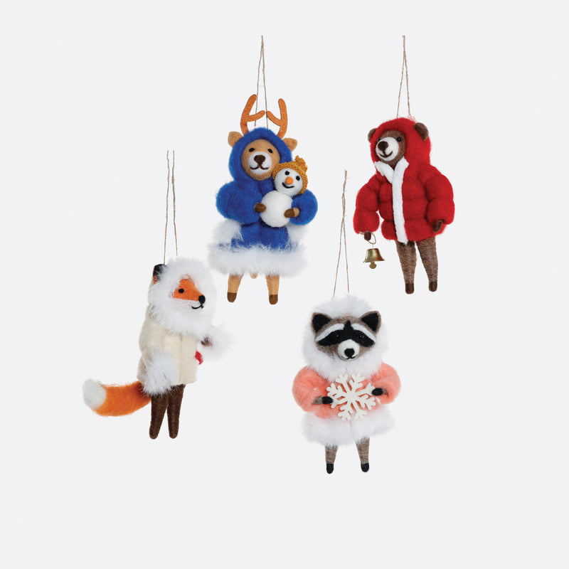 Winter Animal Wool Ornament, Set of 4 Assorted