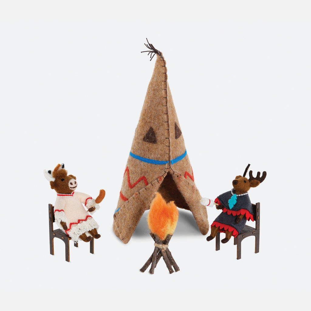 Animals Around the Campfire Wool Ornament, Set of 4