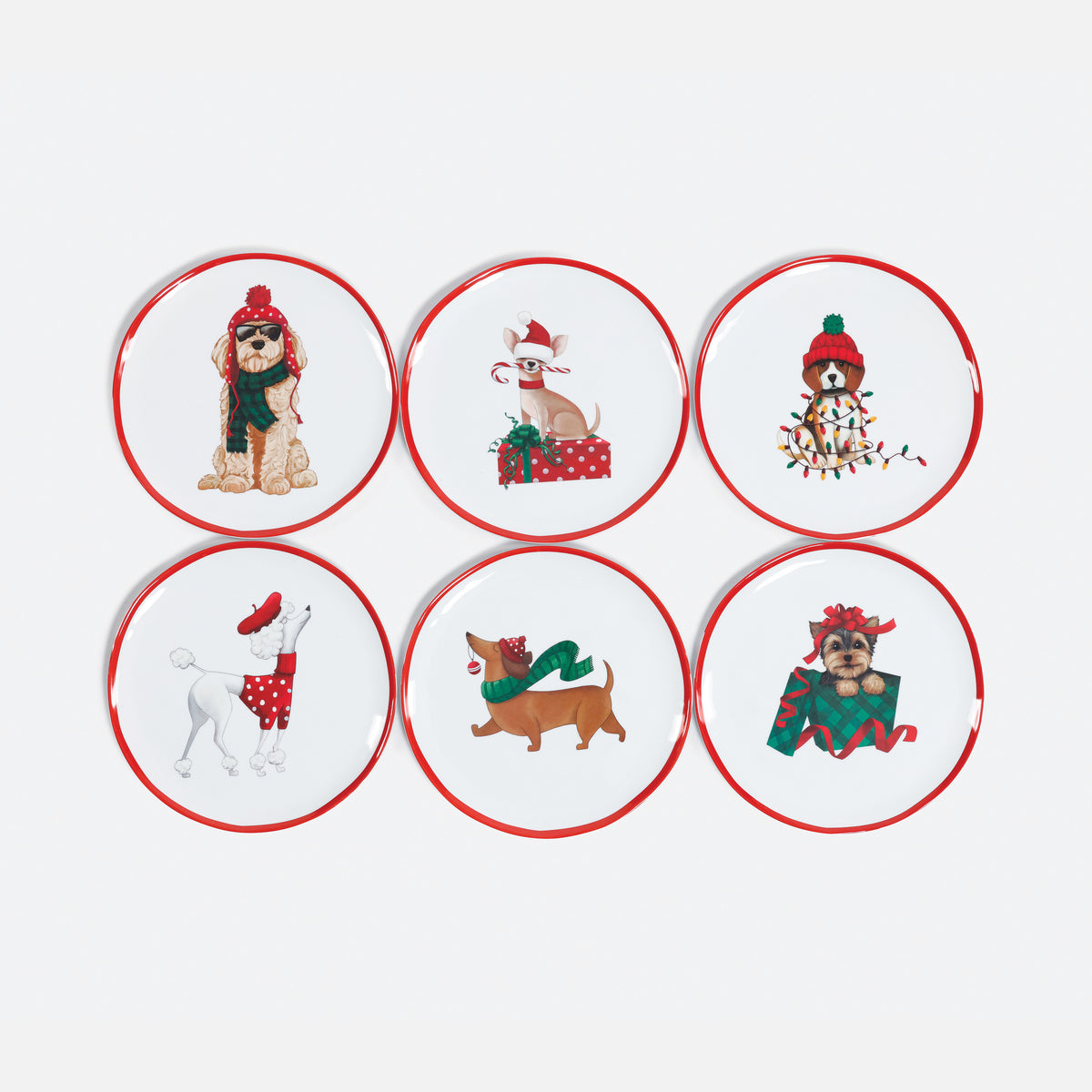 Christmas Dog "Handmade" Plate, Set of 6 Assorted