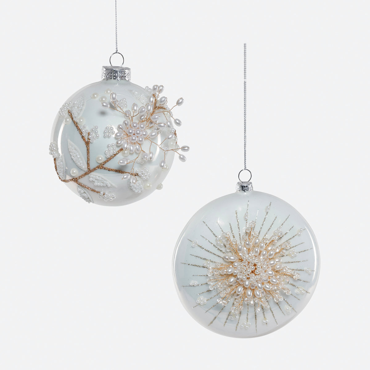 Pearl Embellished Glass Ornament, Set of 2 Assorted