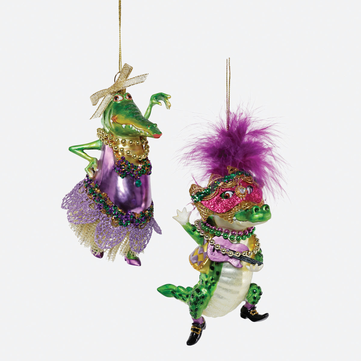 Mardi Gras Crocodile Glass Ornament, Set of 2 Assorted