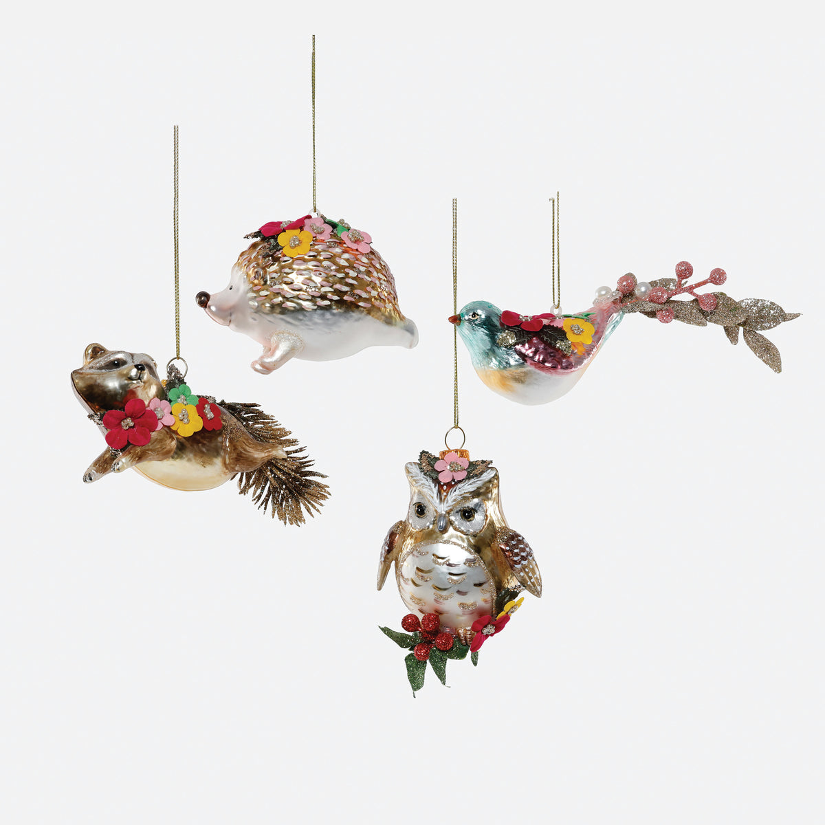 Animal with Flowers Glass Ornament, Set of 4 Assorted