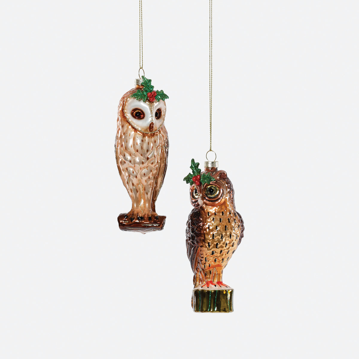Woodland Owl Glass Ornament, Set of 2 Assorted