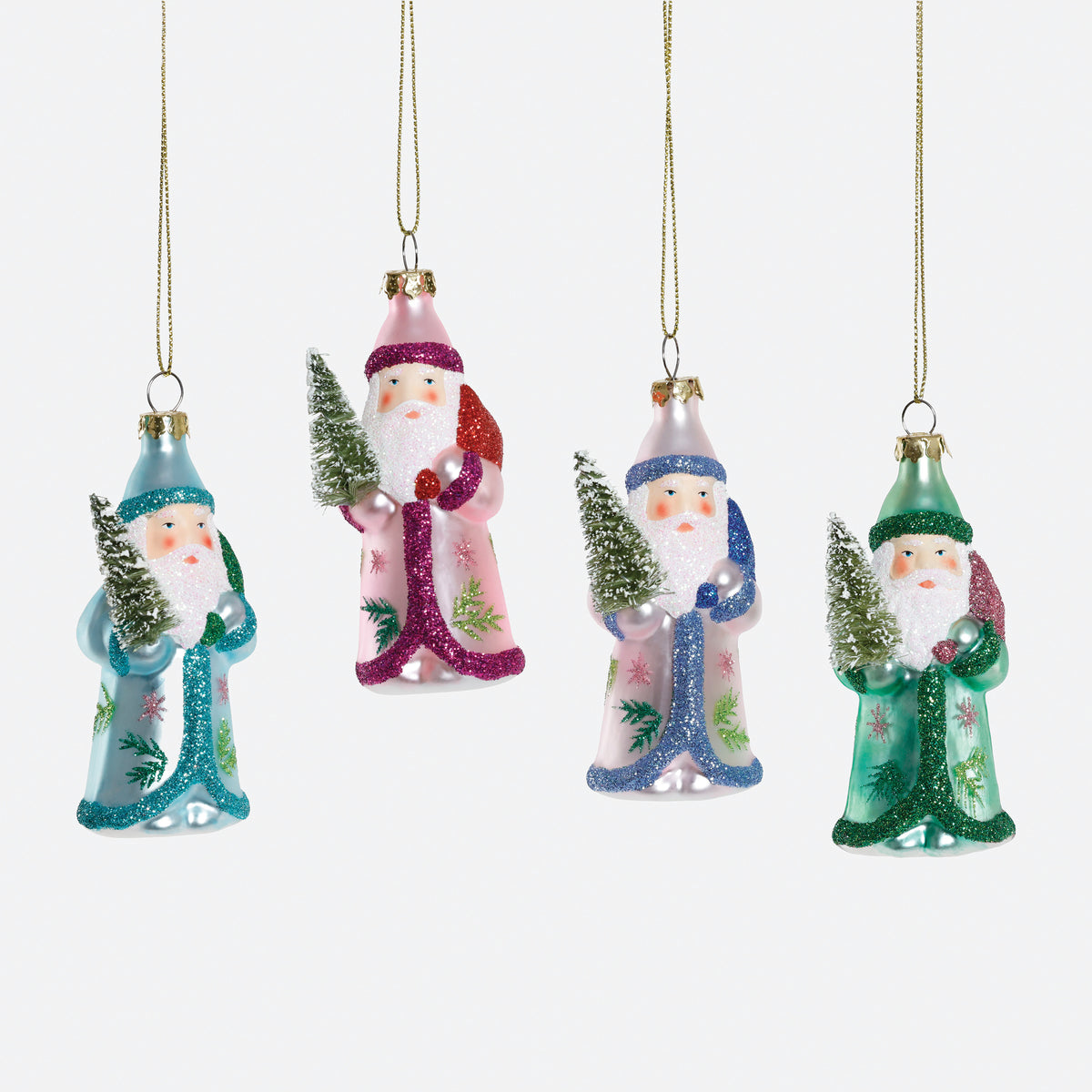 St Nick with Tree Glass Ornament, Set of 4 Assorted