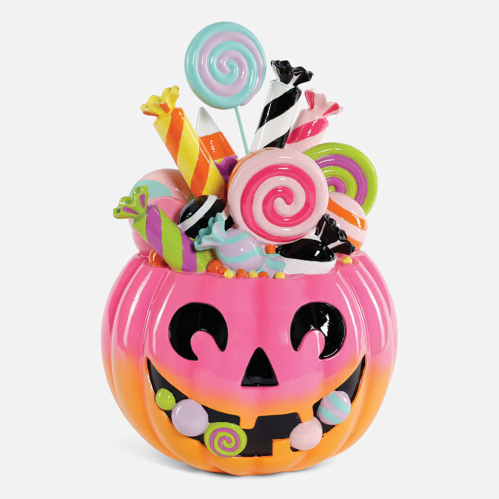 Pumpkin Candy Display, Pink & Orange with faux candies and a smiling jack-o'-lantern in pink ombré design.