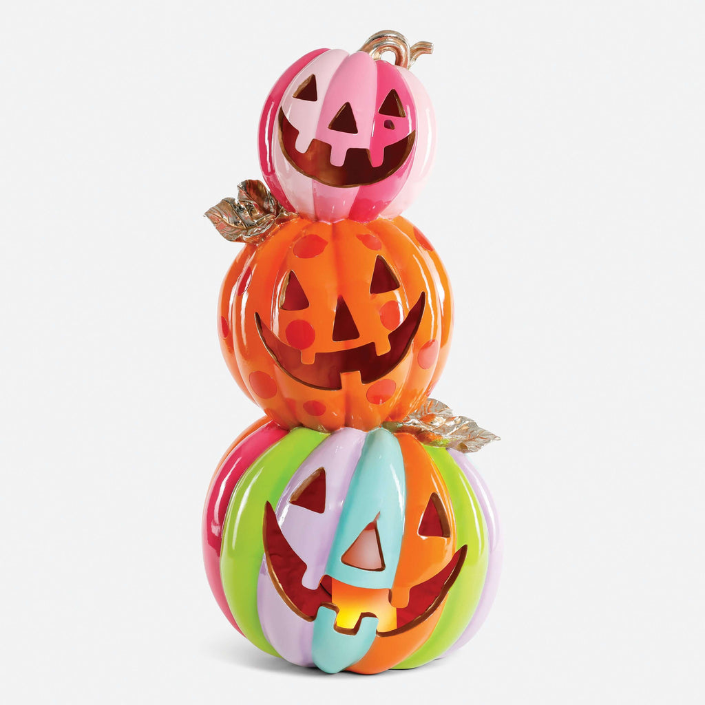 Colorful resin Pumpkin Tower featuring stacked pumpkins with playful faces for autumn decor.