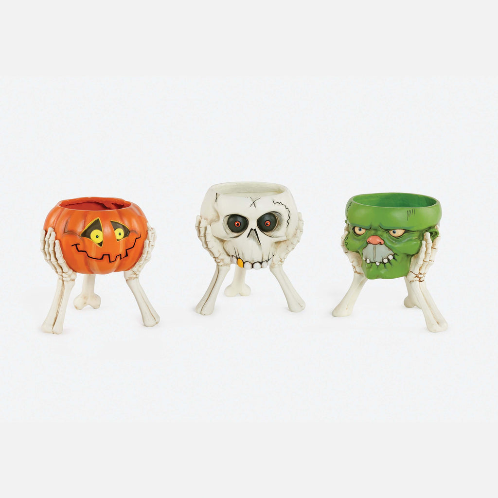 Ghoul Bowl - Set of 3 Assorted: three spooky bowls in orange pumpkin, white skull, and green monster designs.