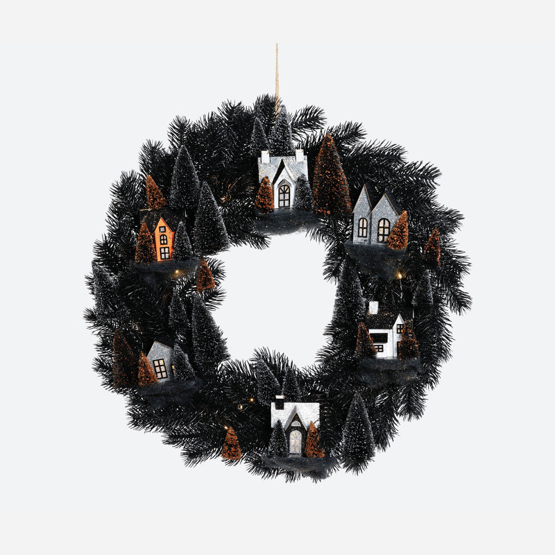Halloween Wreath with Lighted Houses