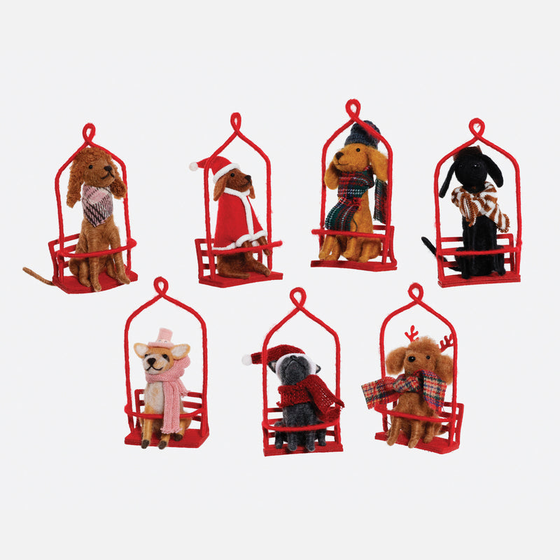 Dog on Ski Lift Wool Ornament, Set of 7 Assorted