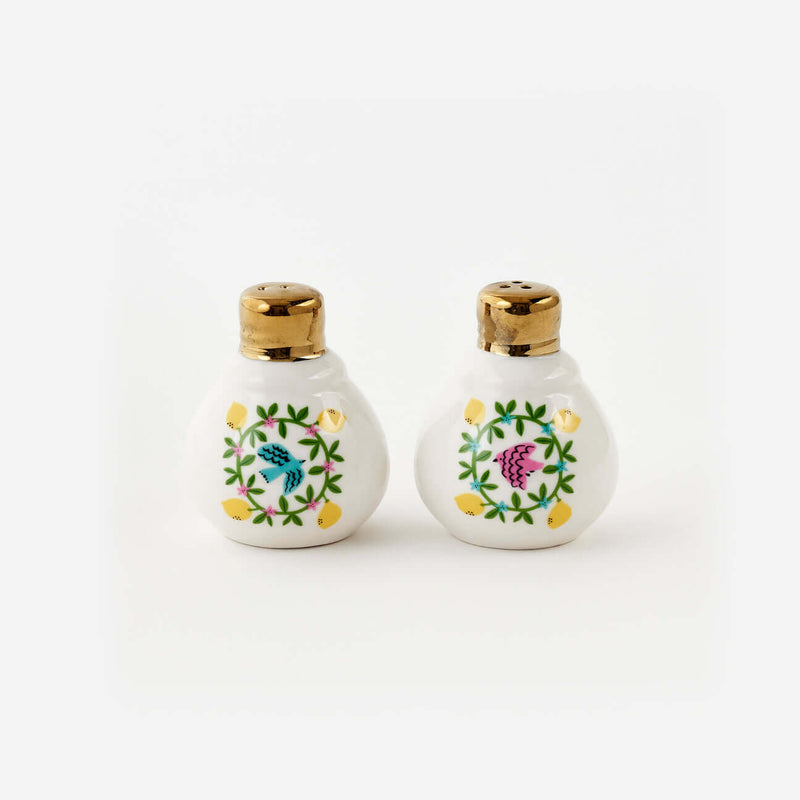 Bird / Wreath Salt & Pepper Shakers with blue and pink birds, hand-finished in glossy white porcelain.