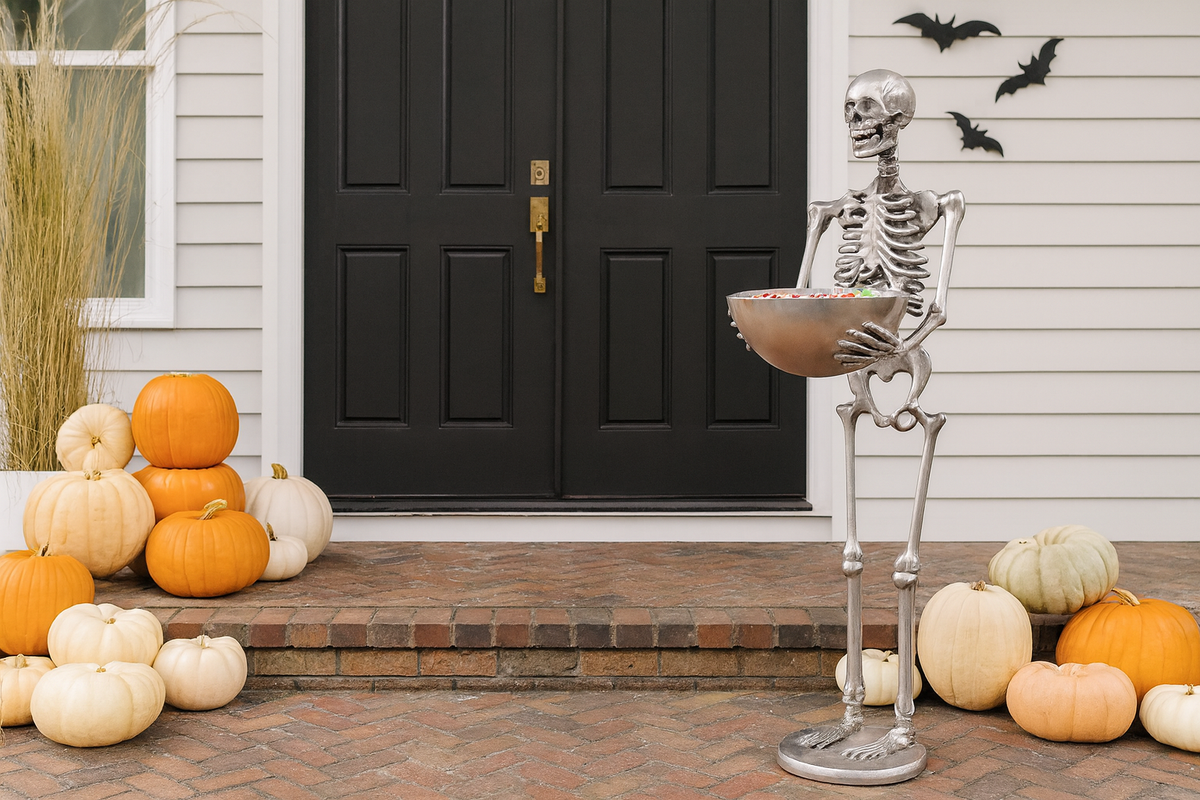 Halloween decoration with a skeleton holding a bowl, pumpkins, and bats on a porch.