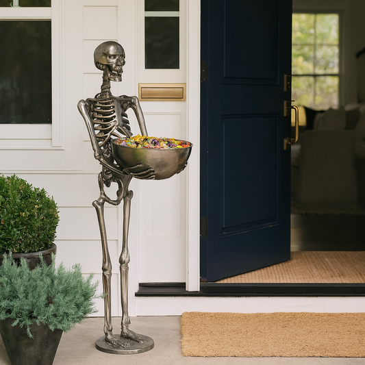 Skeletal figure holding a bowl on a porch with a white door and plants.