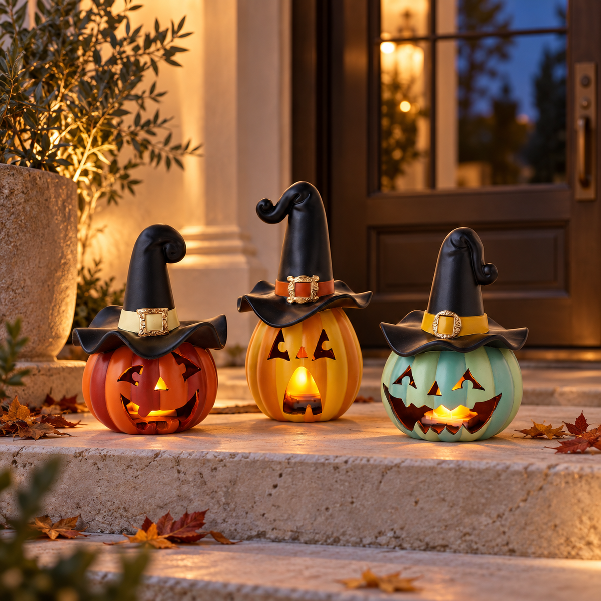 Lighted Jack-O-Lantern with Witch Hat, Set of 3 Assorted