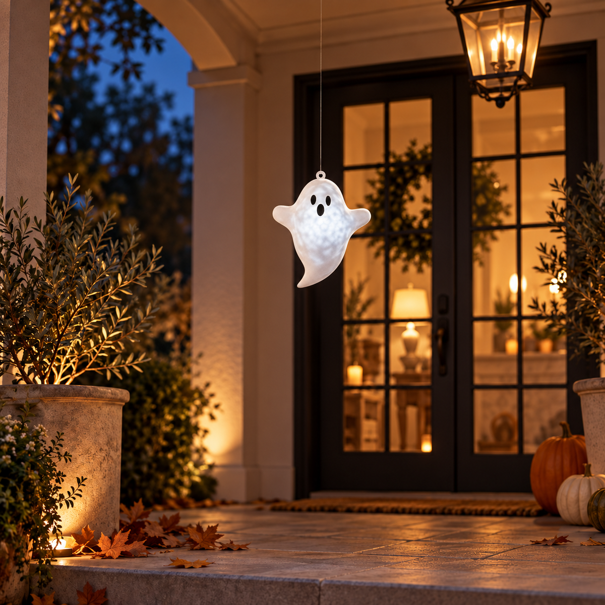 Hanging Flocked Ghost with Revolving Lights and Adapter