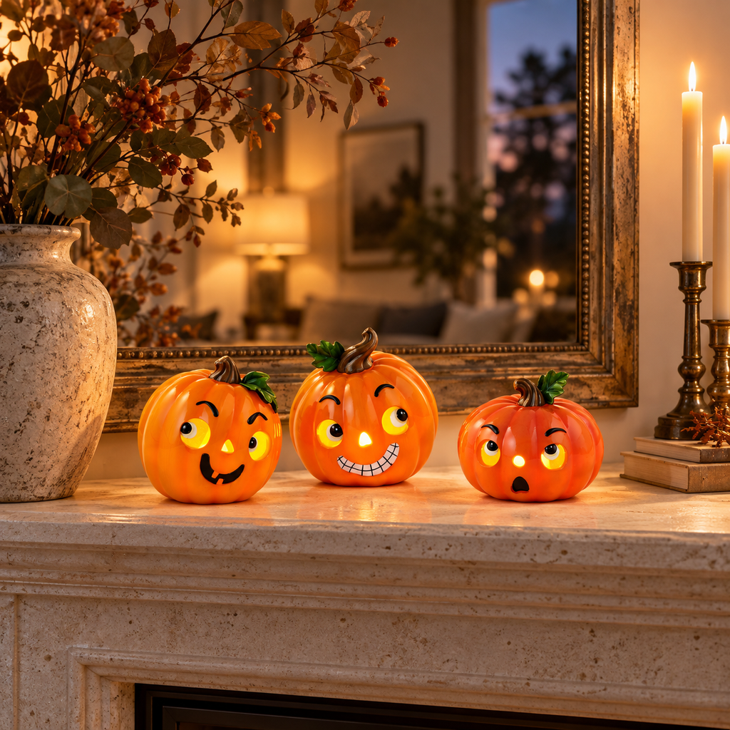 Funny Face Lit Pumpkin, Set of 3 Assorted