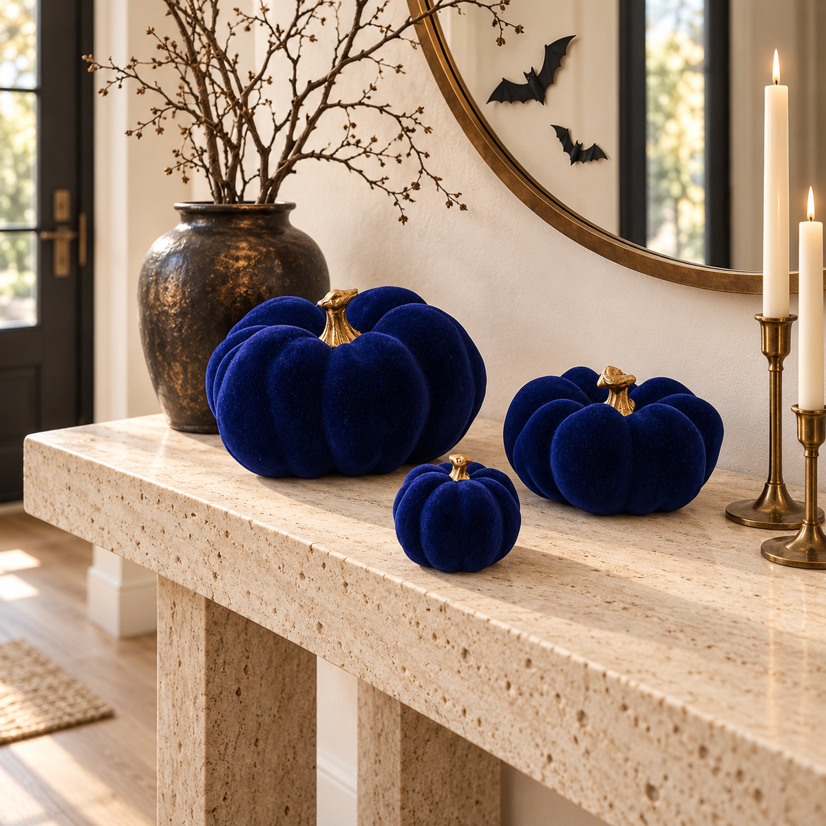 Blue Flocked Pumpkin, Set of 3