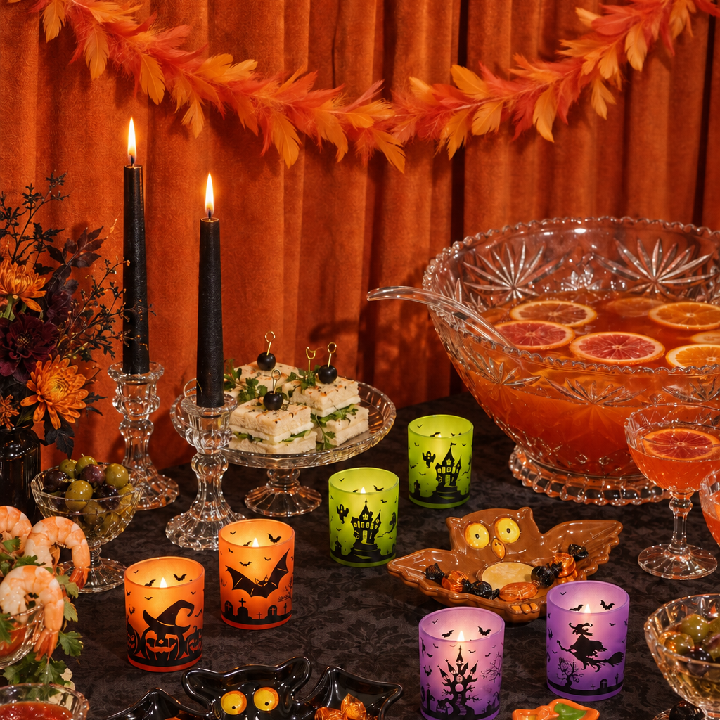 A Halloween-themed party table setting with a large glass punch bowl filled with orange drink, jack-o'-lantern candles, owl and witch illustrations, crackers, grapes, and fall decorations against an orange curtain backdrop.