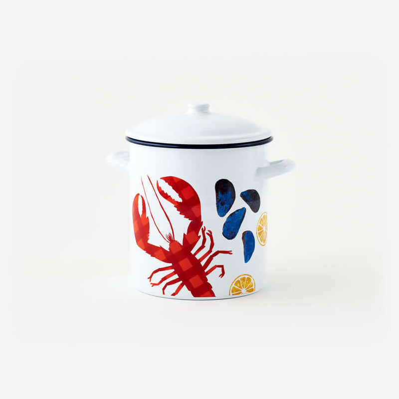 Lobster Pot with Lid featuring a red lobster and mussels on white enamel with navy rim.