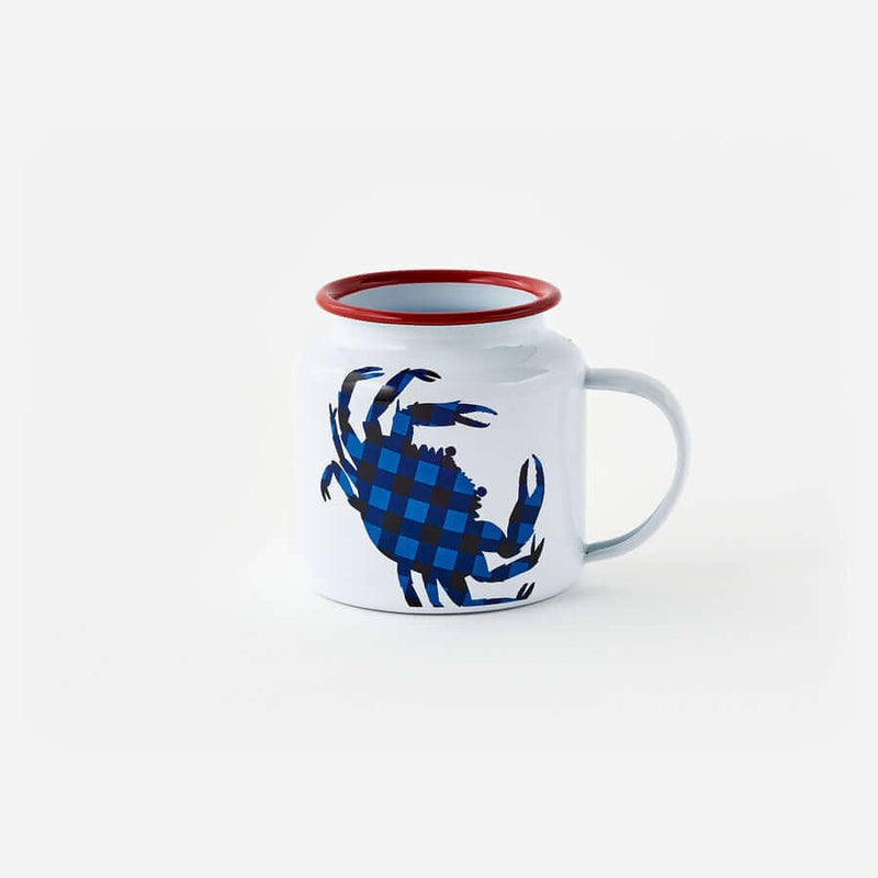 Crab Enamel Mug - Set of 6 with blue crab design and red rim, perfect for summer drinks.