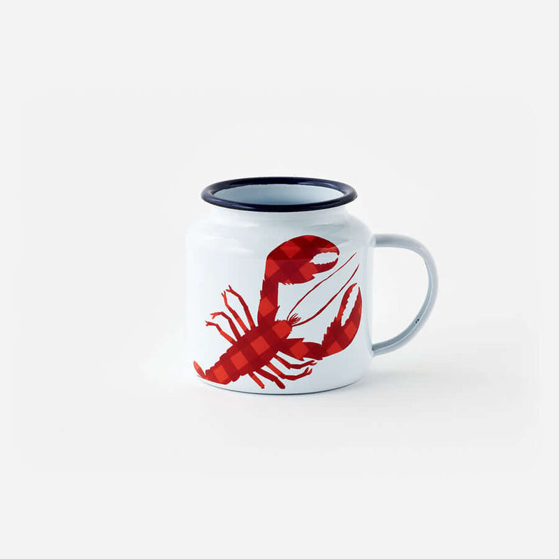 Lobster Enamel Mug, Set of 6 featuring red plaid lobster design on white enamel with navy rim.