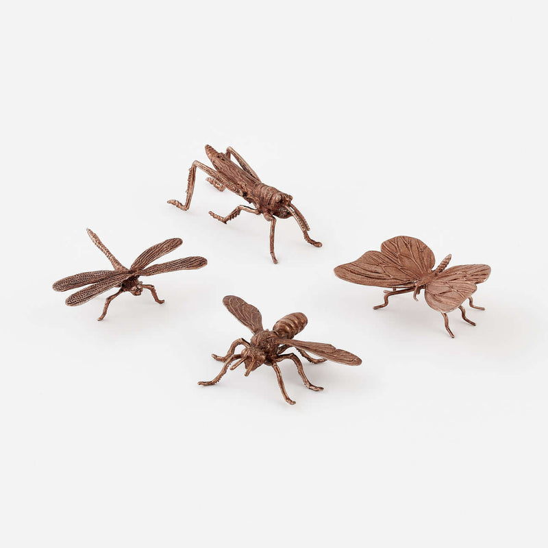 Bronze Bug, Set of 4 Assorted featuring a grasshopper, dragonfly, bee, and butterfly in detailed antique bronze.