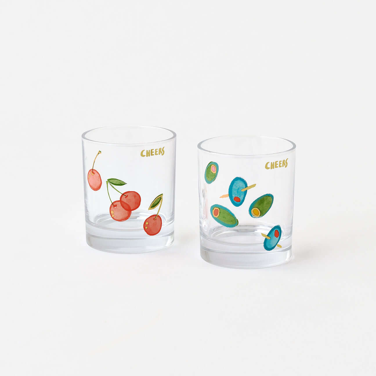 Terrazzo Rocks Glass, Set of 2 Assorted with cherries and olives, gold Cheers lettering.