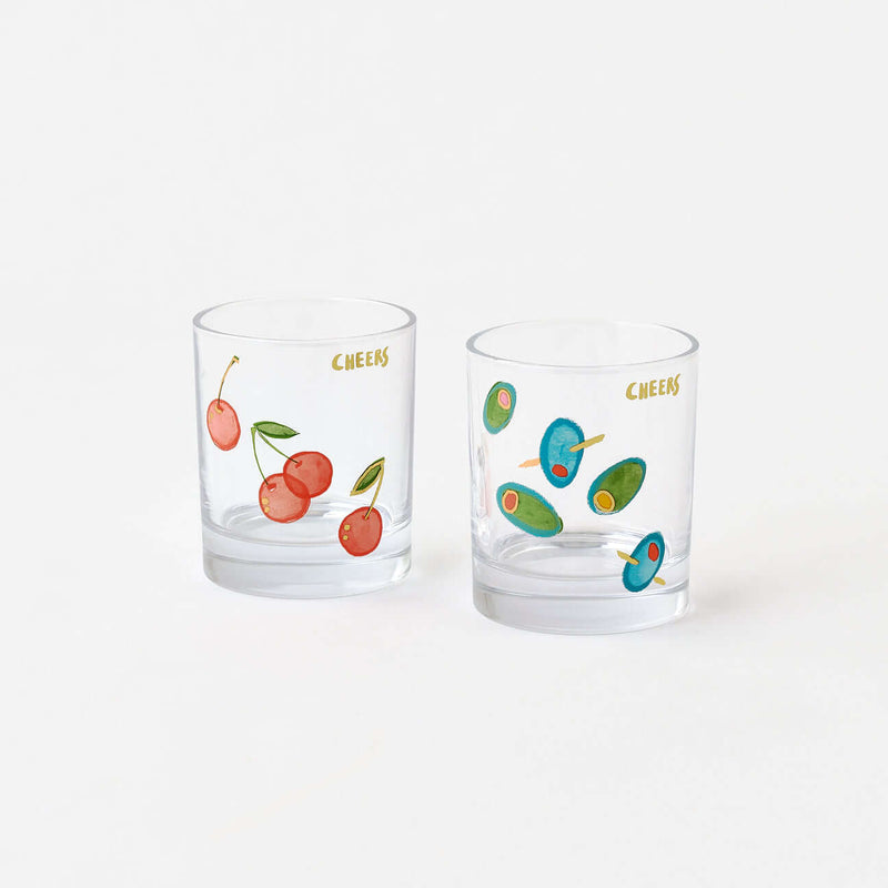 Terrazzo Rocks Glass, Set of 2 Assorted with cherries and olives, gold Cheers lettering.