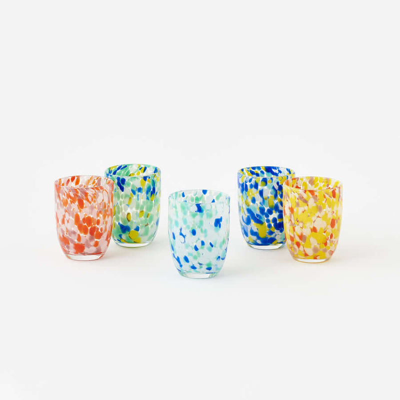 Terrazzo Spotted Tumbler - Set of 5 Assorted in coral, aqua, cobalt, yellow, and pale blue colors.