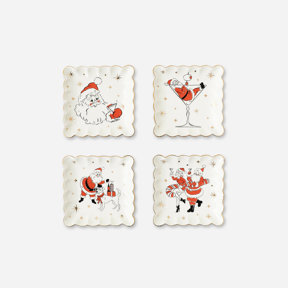 Holiday Cheers Scalloped Square Plate, Set of 4 Assorted