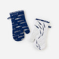 Set of two assorted fish-themed quilted oven mitts for cooking and baking.