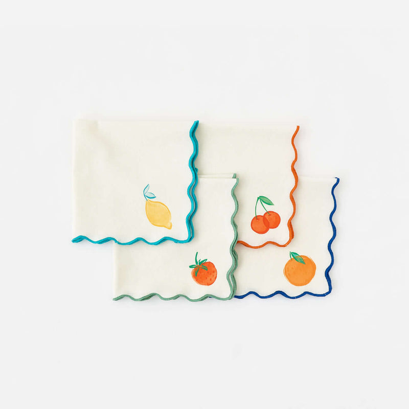 Terrazzo Cloth Napkins with Embroidered Scallop Edge, Set of 4 Assorted featuring assorted fruit designs.