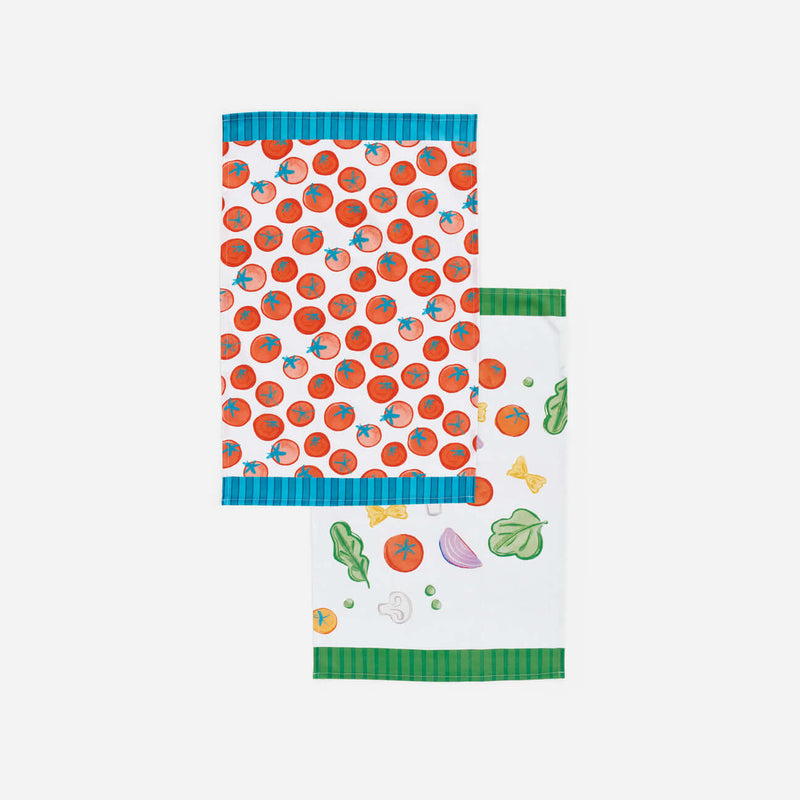 Terrazzo Dish Towels, Set of 2 Assorted featuring tomato designs and salad graphics for kitchen use.