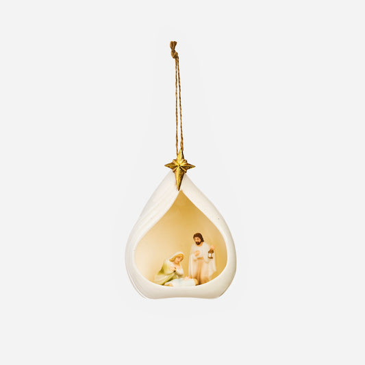 Decorative hanging ornament with a gold hook on a white background