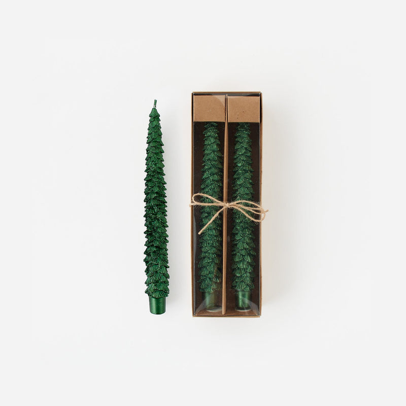 Pair of Glistening Green Tree Taper Candle